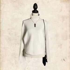 Pink Rose Ribbed White Turtleneck Sweater